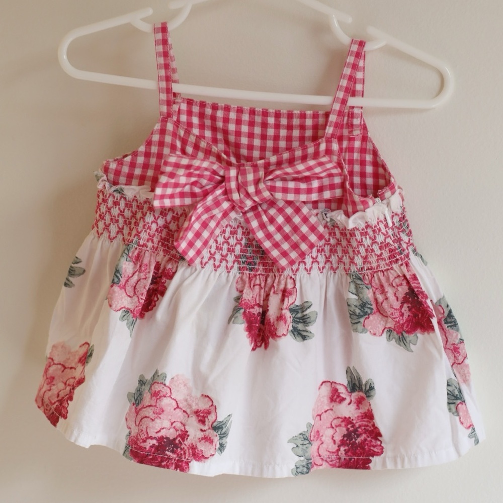 Lili Gaufrette Girls 1 Year Pink Floral Gingham Tunic Blouse Bow Smocked